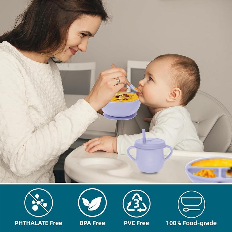 Dormlony 100% Silicone Baby Feeding Set,BPA Free Baby Dishes Set with Suction Bowl Divided Plate,Toddler Self Feeding Dish Set with Spoons Forks Sippy Cup and Bib, Baby Eating Utensils(Purple) - Image 4